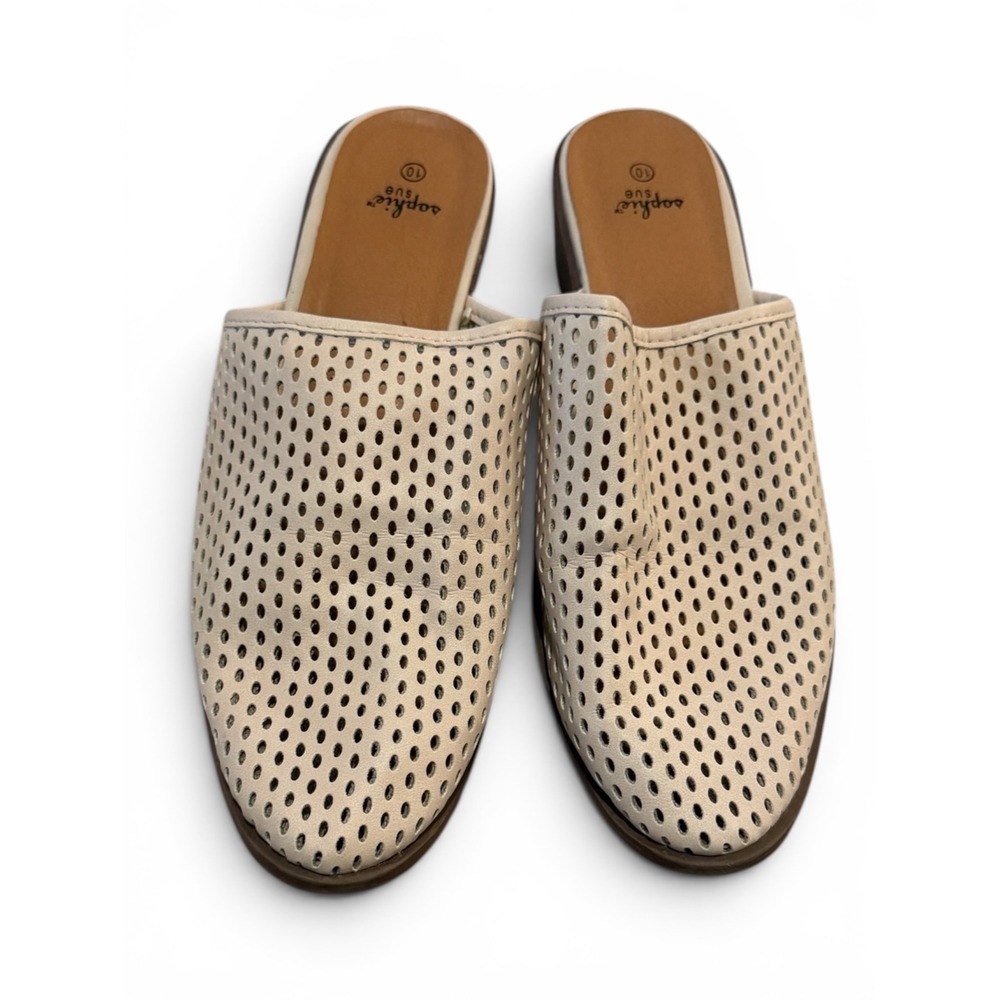 Sophie Sue Womens Cream Perforated Pointed Toe Block Heel Mules Size 10